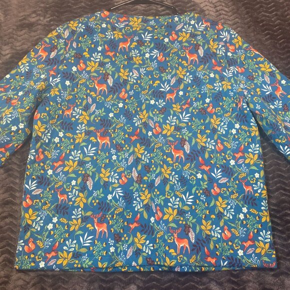 talbots 3/4 Sleeve Top With Colorful Deer & Foliage Pattern 100% Cotton Face & B - Picture 4 of 10